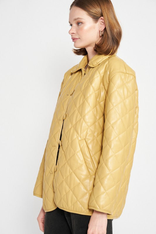 Women's Quilted PU Button Down Jacket