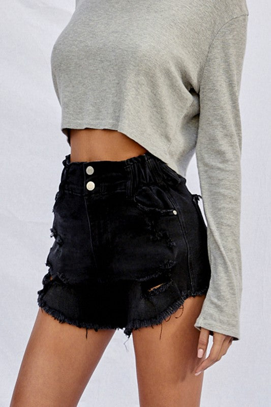 Women's Super High Rise Frayed Black Denim Shorts