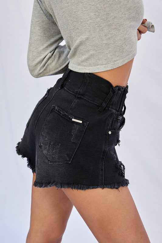 Women's Super High Rise Frayed Black Denim Shorts