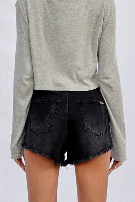 Women's Super High Rise Frayed Black Denim Shorts