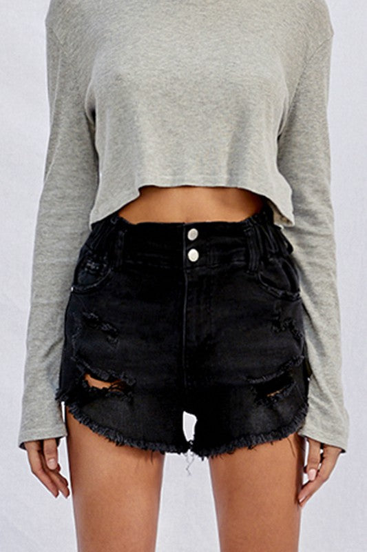 Women's Super High Rise Frayed Black Denim Shorts