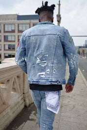 Men's Casual Regular Fit Denim Jacket with Varsity Patches