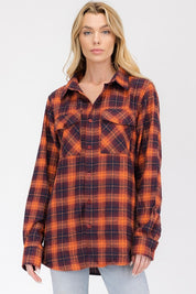 Women's Oversized Plaid Flannel Long Sleeve Shirt