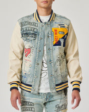 Hand Drawing Leather Sleeves Denim Varsity Jacket