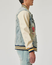 Hand Drawing Leather Sleeves Denim Varsity Jacket