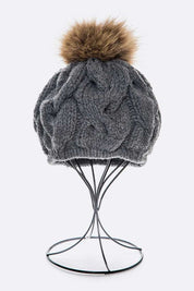 Women's Cable Knit Beret with Natural Raccoon Fur Pom