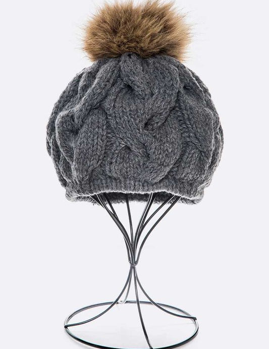 Women's Cable Knit Beret with Natural Raccoon Fur Pom