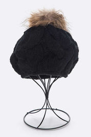 Women's Cable Knit Beret with Natural Raccoon Fur Pom