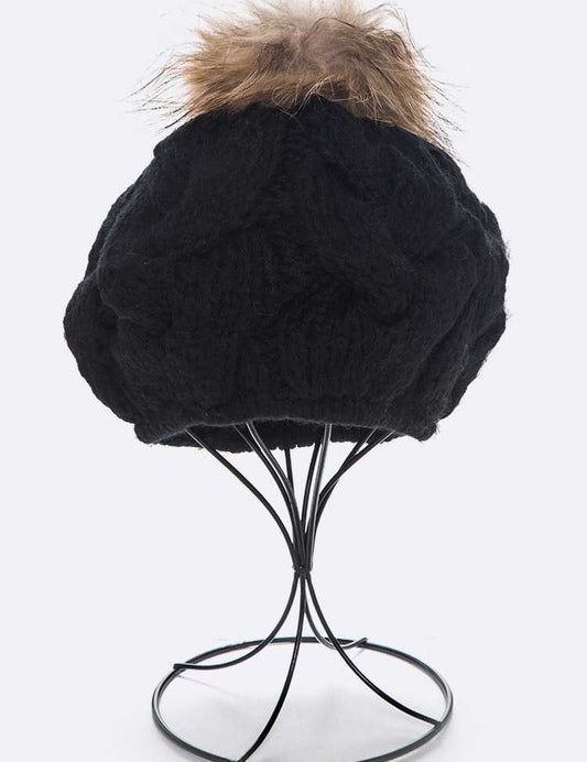 Women's Cable Knit Beret with Natural Raccoon Fur Pom