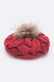 Women's Cable Knit Beret with Natural Raccoon Fur Pom