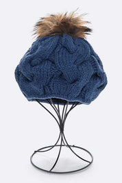 Women's Cable Knit Beret with Natural Raccoon Fur Pom