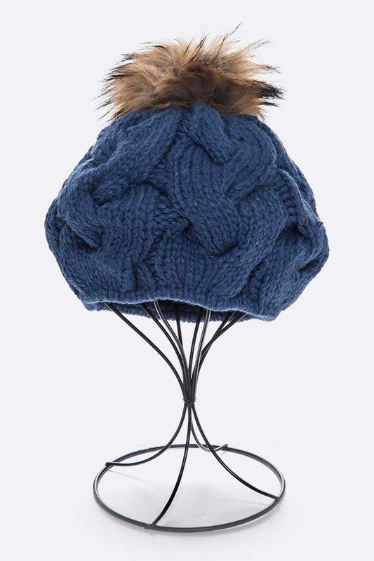 Women's Cable Knit Beret with Natural Raccoon Fur Pom