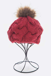 Women's Cable Knit Beret with Natural Raccoon Fur Pom