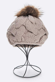 Women's Cable Knit Beret with Natural Raccoon Fur Pom