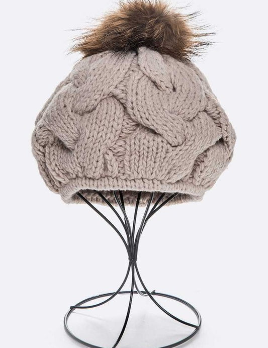 Women's Cable Knit Beret with Natural Raccoon Fur Pom