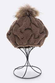 Women's Cable Knit Beret with Natural Raccoon Fur Pom