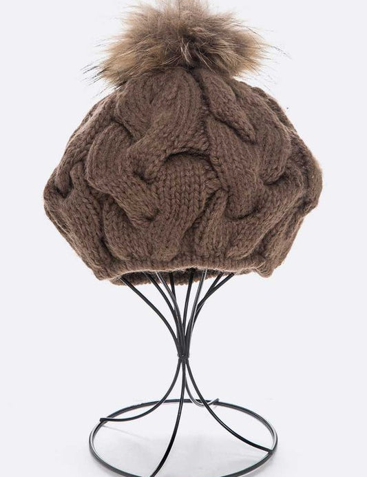 Women's Cable Knit Beret with Natural Raccoon Fur Pom