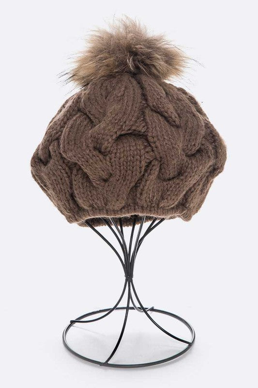 Women's Cable Knit Beret with Natural Raccoon Fur Pom