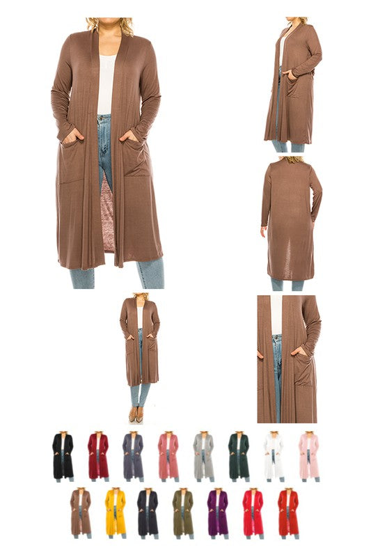 Plus Size Loose Fit Solid Duster Cardigan with Pockets