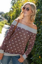 Plus Size Off Shoulder Polka Dot Long Sleeve Top