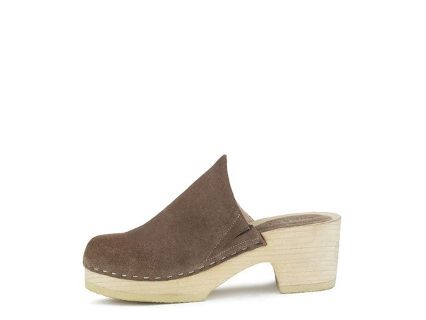 Women's Casual Taupe Suede Clogs with Block Heels