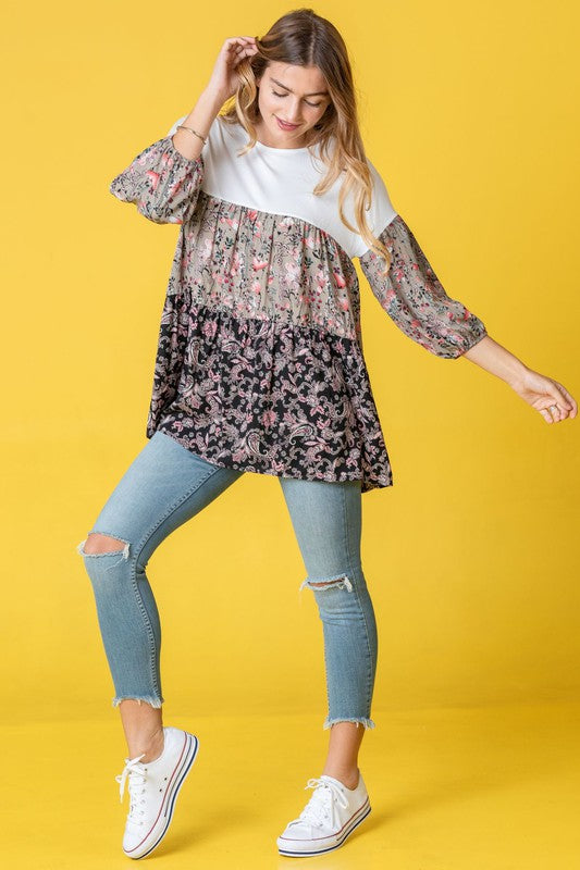 Women's Paisley Floral Bishop Sleeve Tunic