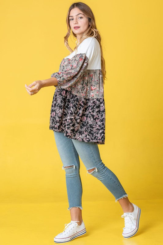 Women's Paisley Floral Bishop Sleeve Tunic