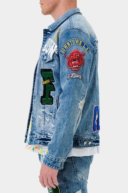 Men's Casual Regular Fit Denim Jacket with Varsity Patches