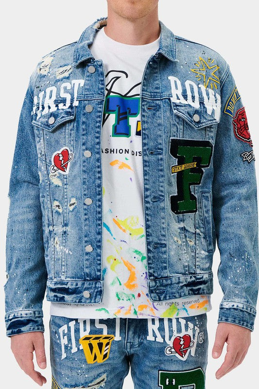 Men's Casual Regular Fit Denim Jacket with Varsity Patches