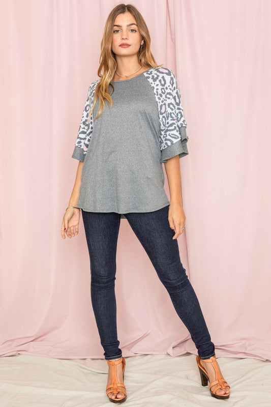 Women's Double Ruffle Sleeve Leopard Tunic