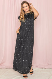 Polka Dot Folded Cap Sleeve Maxi Dress