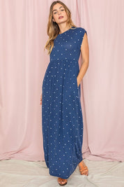 Polka Dot Folded Cap Sleeve Maxi Dress