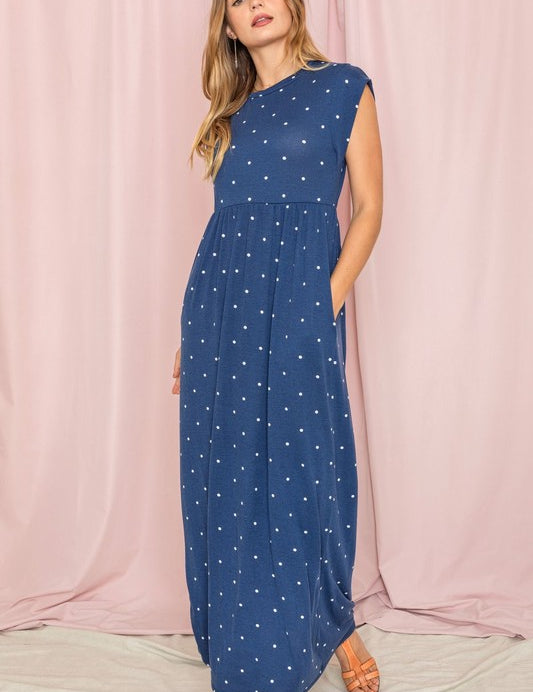 Polka Dot Folded Cap Sleeve Maxi Dress