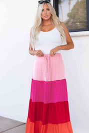 Women's Casual Color Block Tiered Maxi Skirt