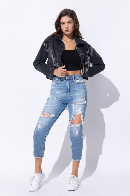 Women's Loose Fit Crop Denim Jacket with Rhinestone Fringe