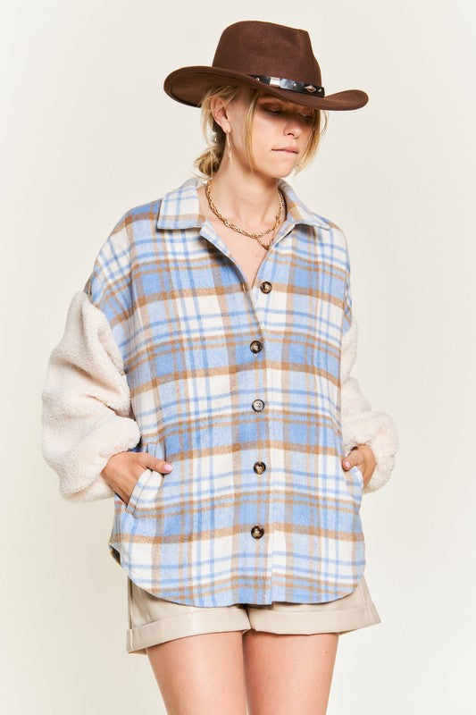 Women's Multi Plaid Teddy Sleeve Jacket