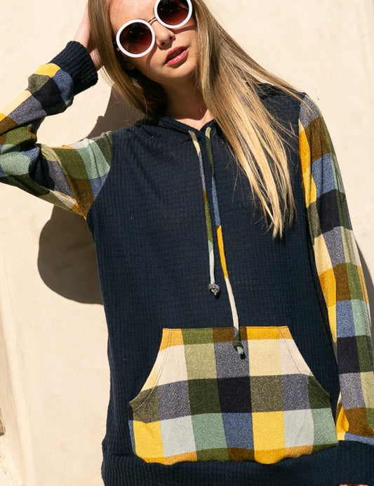 Women's Casual Plaid Mixed Hoodie Sweatshirt