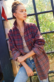 Women's Oversized Plaid Long Sleeve Button-Up Shirt