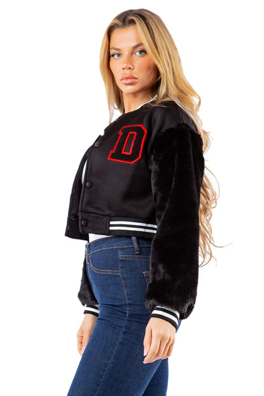 Women's Faux Fur Bomber Jacket with Snap Buttons