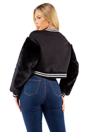 Women's Faux Fur Bomber Jacket with Snap Buttons