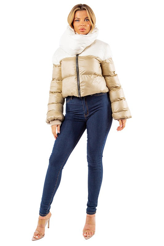 Women's Stylish Puffer Jacket with Neckerchief Design