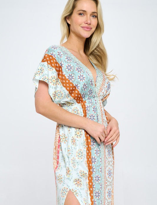 Boho Print Kimono Maxi Dress with Side Slit