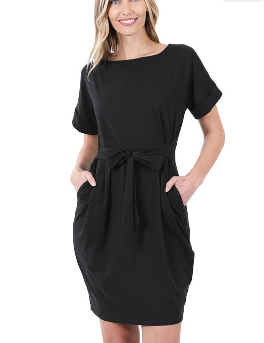 Women's Plus Loose Fit Brushed Tie Belt Mini Dress