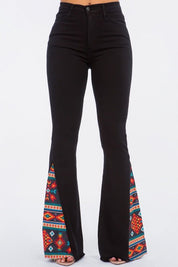 Women's High Rise Bell Bottom Jeans with Aztec Print Inserts