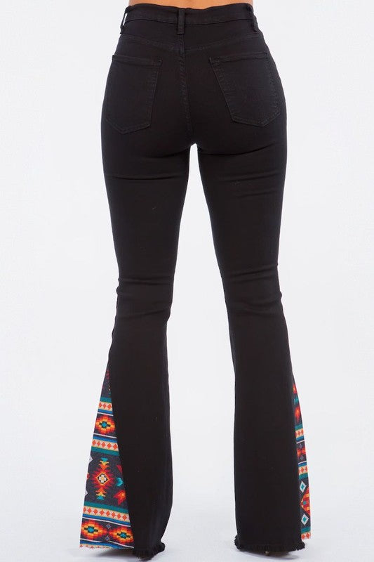 Women's High Rise Bell Bottom Jeans with Aztec Print Inserts