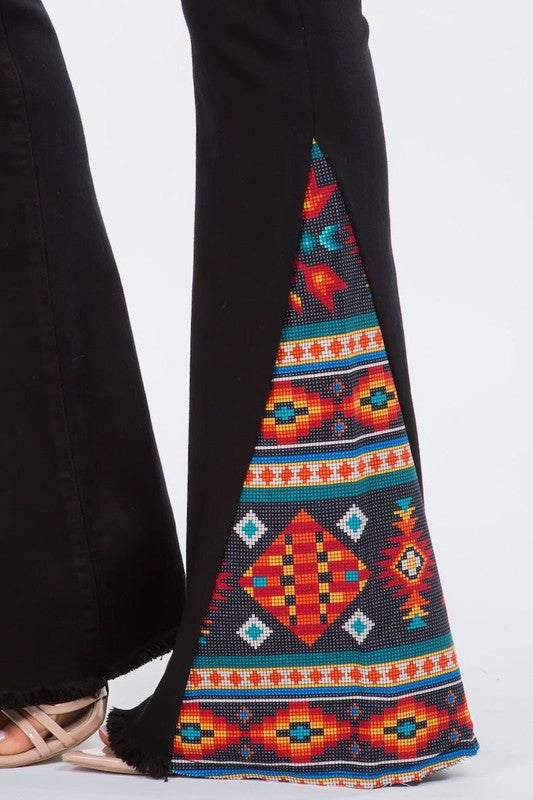 Women's High Rise Bell Bottom Jeans with Aztec Print Inserts