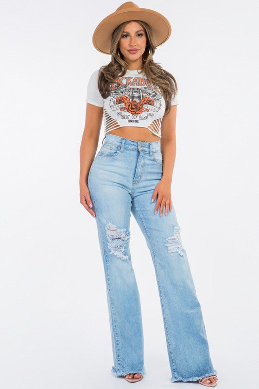 Women's High Rise Wide Leg Ripped Jeans