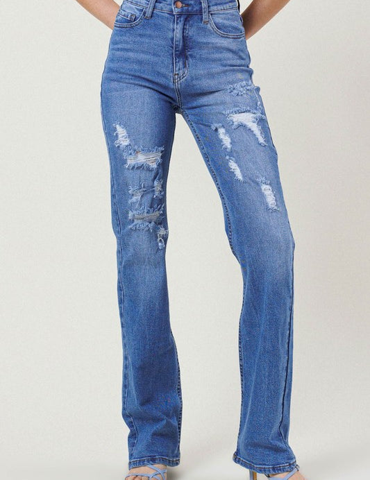 High Rise Distressed Straight Leg Jeans