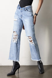 Women's High Rise Frayed Hem Straight Leg Jeans