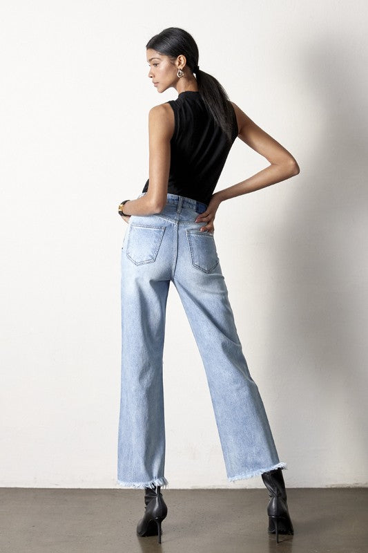 Women's High Rise Frayed Hem Straight Leg Jeans